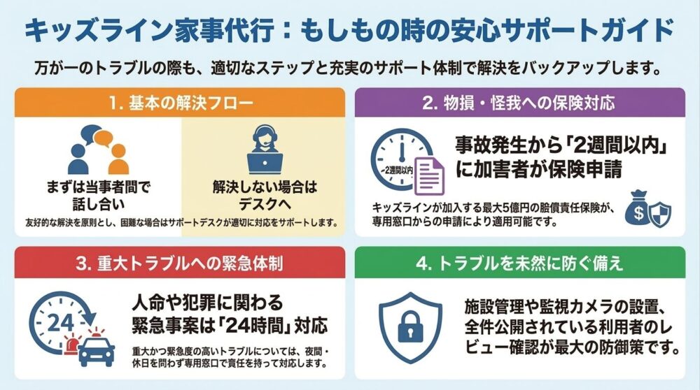 キッズライン家事代行でトラブルが発生した際のガイドを図解で解説 基本は当事者間で 物損やけがの保険対応 緊急事案は24時間の体制 未然にトラブルを防ぐ仕組みもあることが分かる