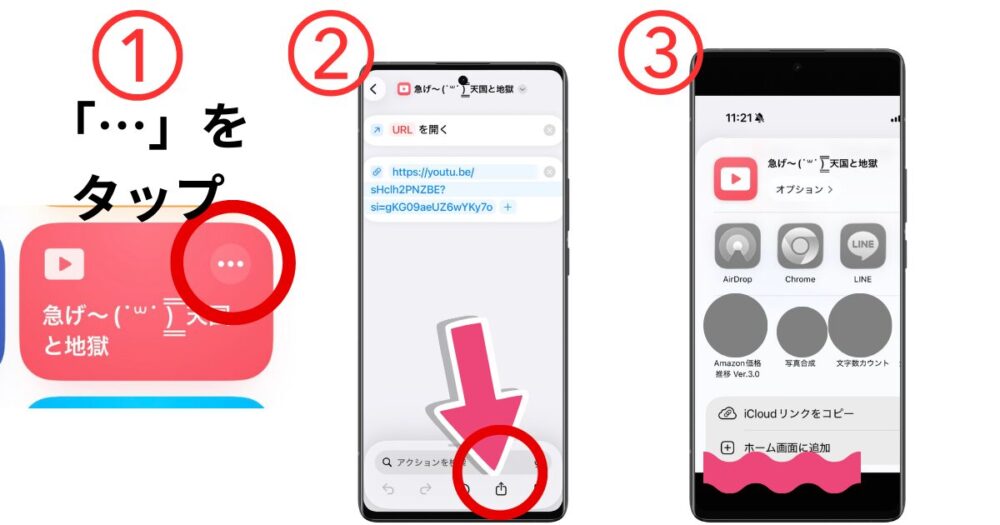 iPhone のショートカットをホーム画面に追加する方法を解説した図解