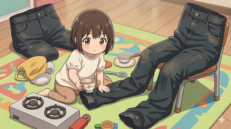 パパのズボンで遊ぶ子どものイラスト