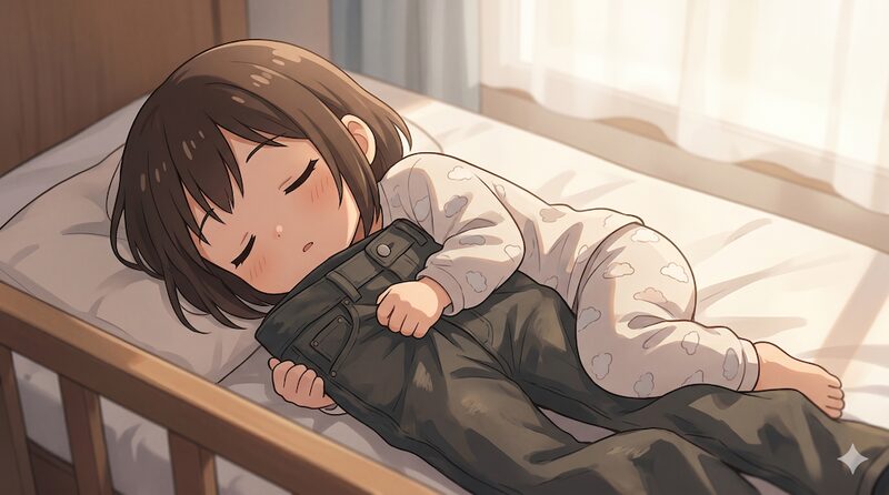 パパのズボンを抱いて眠る子どものイラスト