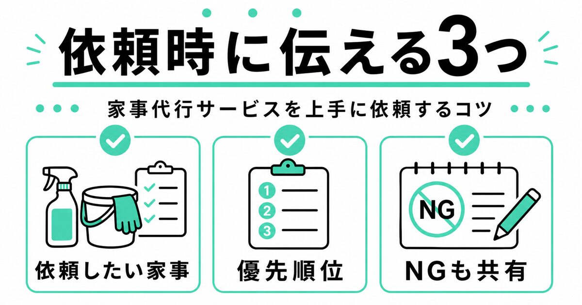 キッズライン家事代行の依頼時に伝えることを図解化、依頼したい家事・優先順位・NG事項であることが分かる