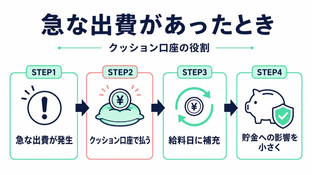 100万円貯めた2児のママが解説する、急な出費をクッション口座で受け止めて貯金への影響を小さくする流れの図解