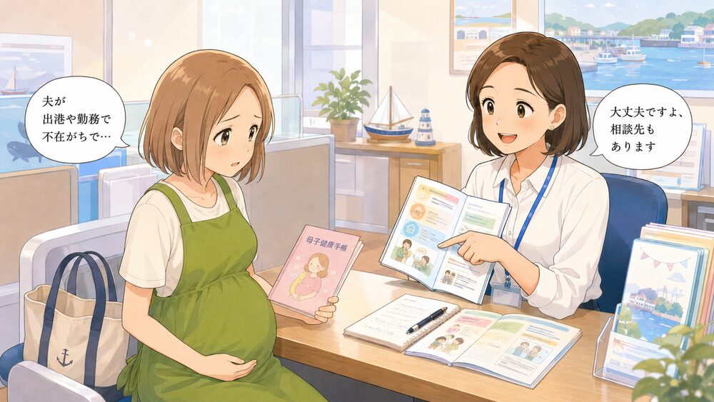 海上自衛官の夫が不在がちな妊娠中に役所で相談する妻のイメージ