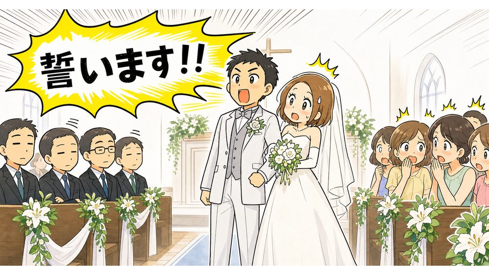 結婚式のチャペルで海上自衛官の夫の大きな声量に参列者が驚くイメージ