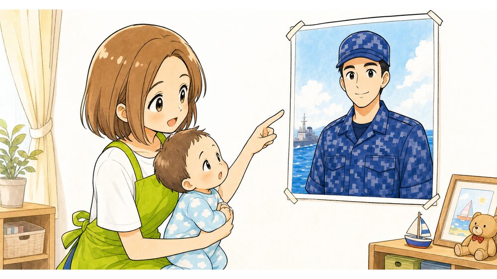赤ちゃんと一緒に海上自衛官の夫の写真ポスターを見る妻のイメージ