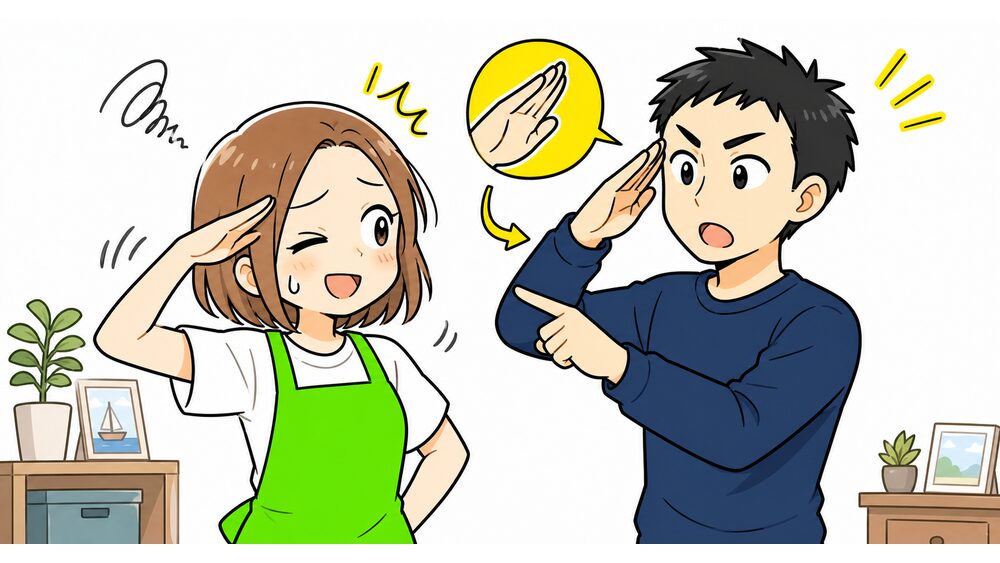 海上自衛官の夫に敬礼の角度を直される妻のイメージ