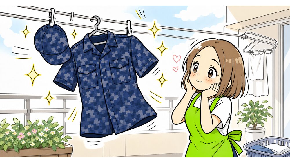 ベランダに干した海上自衛官の制服を見てうっとりする妻のイメージ