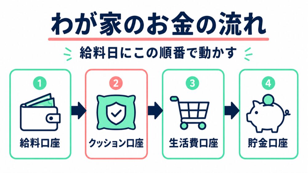 100万円貯めるまで実践した2児のママが解説する、給料日に給料口座からクッション口座・生活費口座・貯金口座へお金を動かす順番の図解