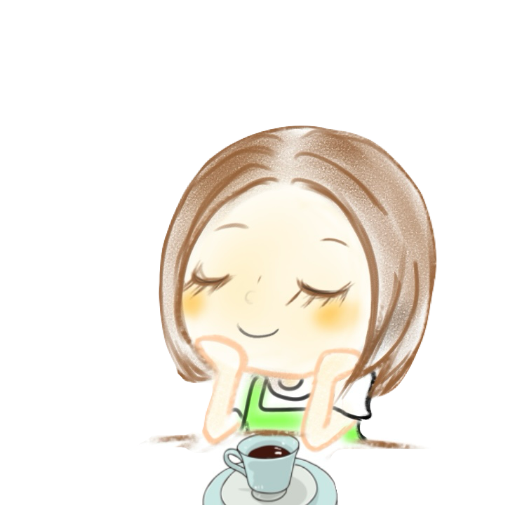 耳より情報ノート運営者の甘実あん。コーヒーカップを前にほほえむ似顔絵イラスト