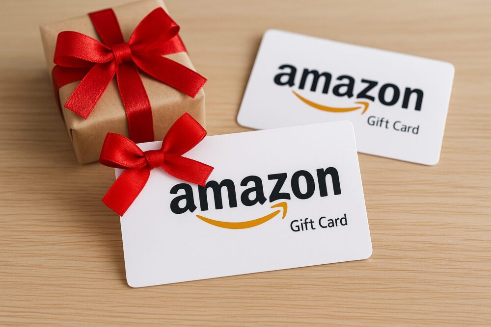 2018年からプライム会員の主婦が紹介プログラムの2,000円条件に使えると挙げた、アマゾンギフトカード2枚とリボンつきの箱