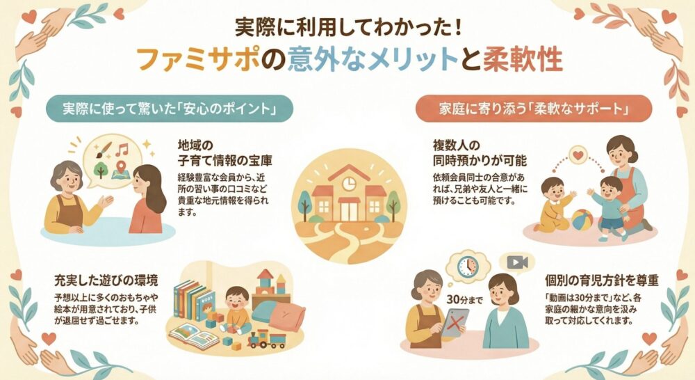 ファミサポのメリットをまとめた図解。地域の子育て情報がもらえる・複数人の同時預かりができる、などが並んでいる