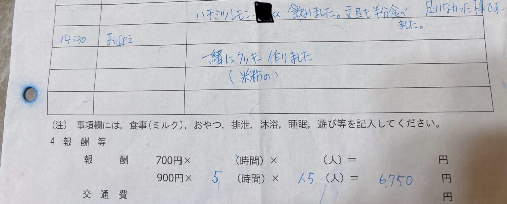 ファミサポの援助活動の報告書にある報酬欄。900円×5時間×1.5人で6,750円と手書きされている