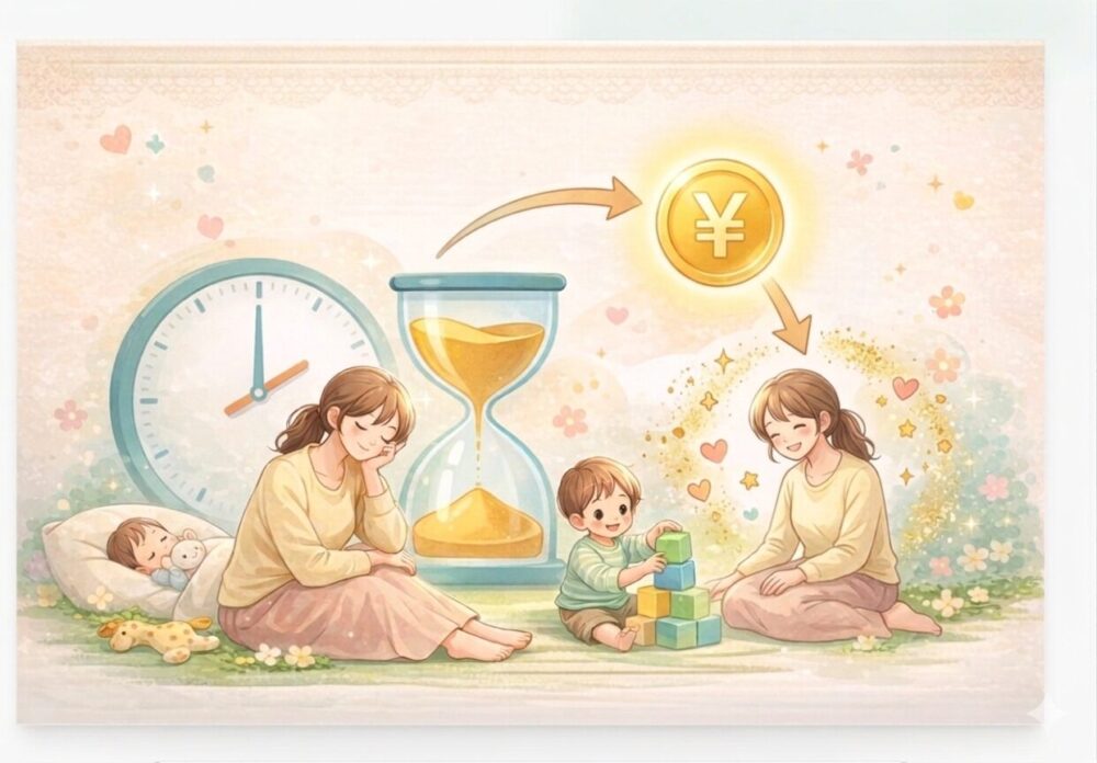 キッズライン利用中のママが解説する、家事代行でお金を時間に換えて子どもと過ごす様子のイラスト