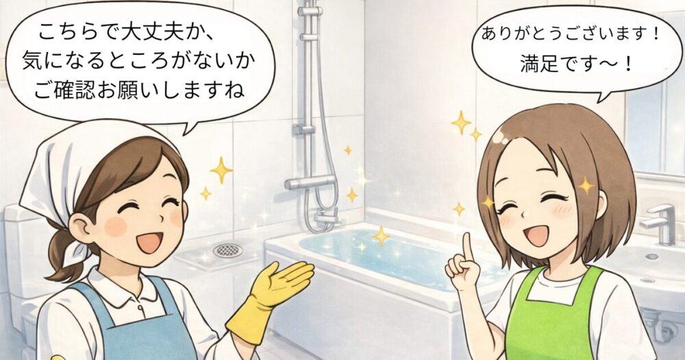 キッズライン利用中のママが解説する、家事代行の終了後に浴室の仕上がりを一緒に確認する場面のイラスト
