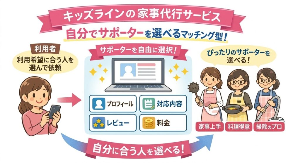 キッズライン利用中のママが解説する、自分でサポーターを選べるキッズライン家事代行のマッチング型サービスを説明する図解