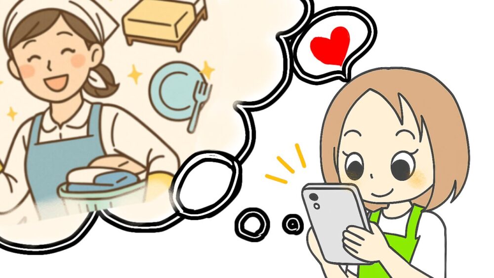 キッズライン利用中のママが、スマホで家事代行さんを探して料理や片づけを頼む場面を描いたイラスト