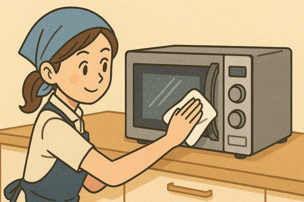 エプロン姿の家事代行スタッフが電子レンジを念入りに拭いているイラスト