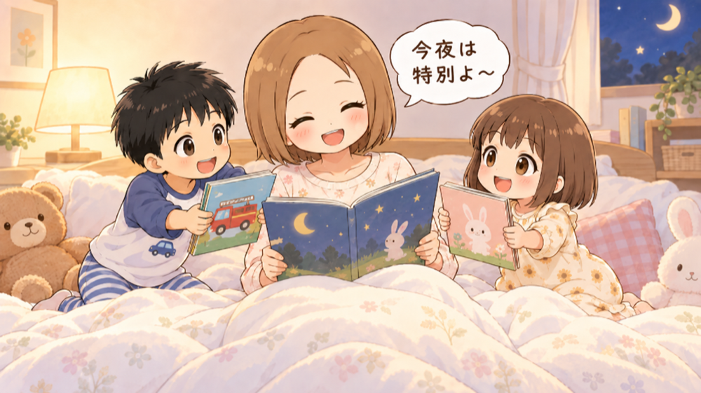 キッズライン利用中のママが夜の寝かしつけで、絵本をせがむ兄妹に笑顔で応えるイラスト