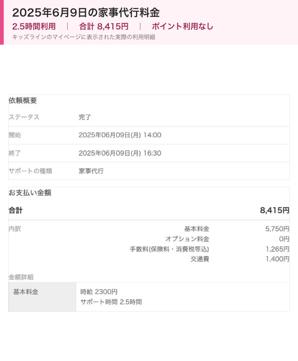 筆者のキッズラインのマイページに表示された2025年6月9日の家事代行料金明細。2.5時間利用で合計8,415円、ポイント利用なしだったことがわかる