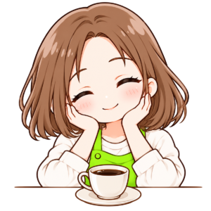 耳より情報ノート運営者の甘実あんが、コーヒーカップを前に両手でほっぺを包み、目を閉じてにっこり笑っている様子のイラスト